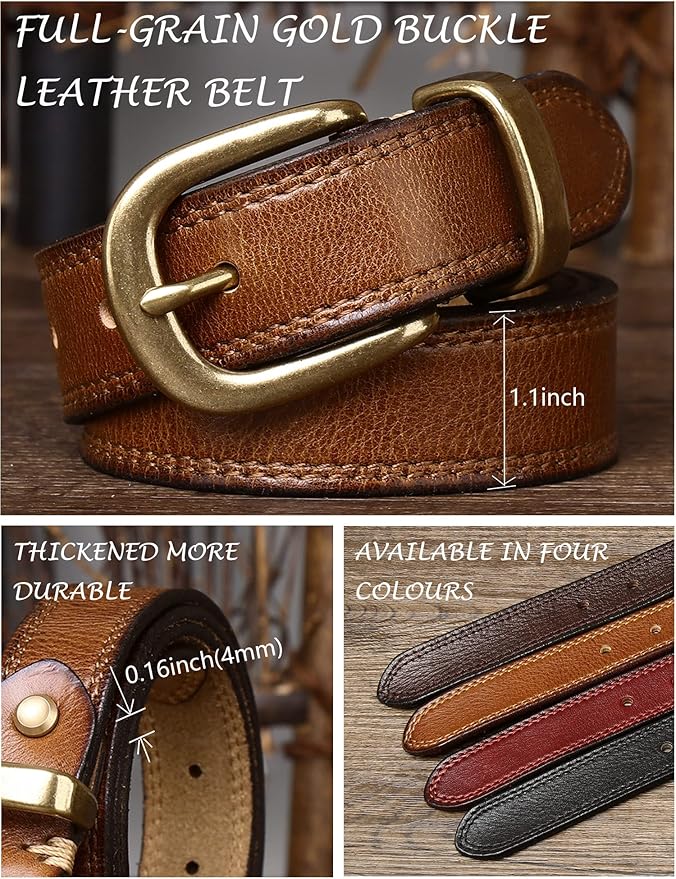 Womens Belts for Jeans 1.1" Width Ladies Belts for Dresses Full Grain Leather Gold Buckle Belt Gift Box