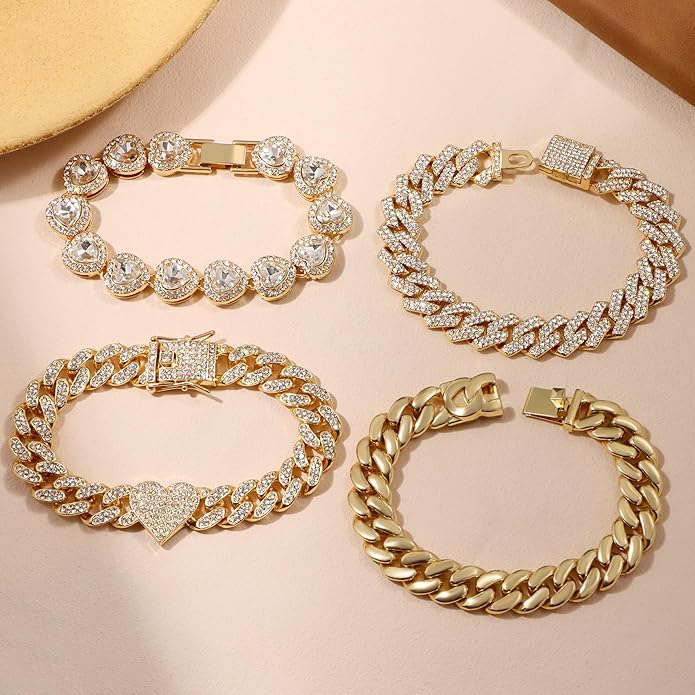 4PCS Gold Bracelets for Women Silver Clustered Tennis Bracelet for Women Heart Round Diamond Cuban Bracelet Layered Link Bracelet Set Fashion Jewelry for Women Set