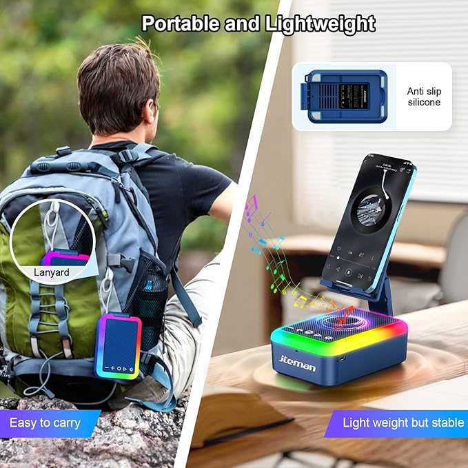 JTEMAN Gifts for Men Women Cell Phone Stand with Bluetooth Speaker and Light, Portable Lanyard, Cool Tech Gifts for Dad Mom Husband, Unique Birthday Gift Ideas Blue