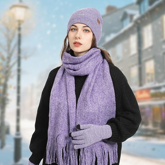 Winter Warm Beanie Hat Touchscreen Gloves Long Scarf Set for Women with Headband, Knit Cap Scarves with Tassel for Women