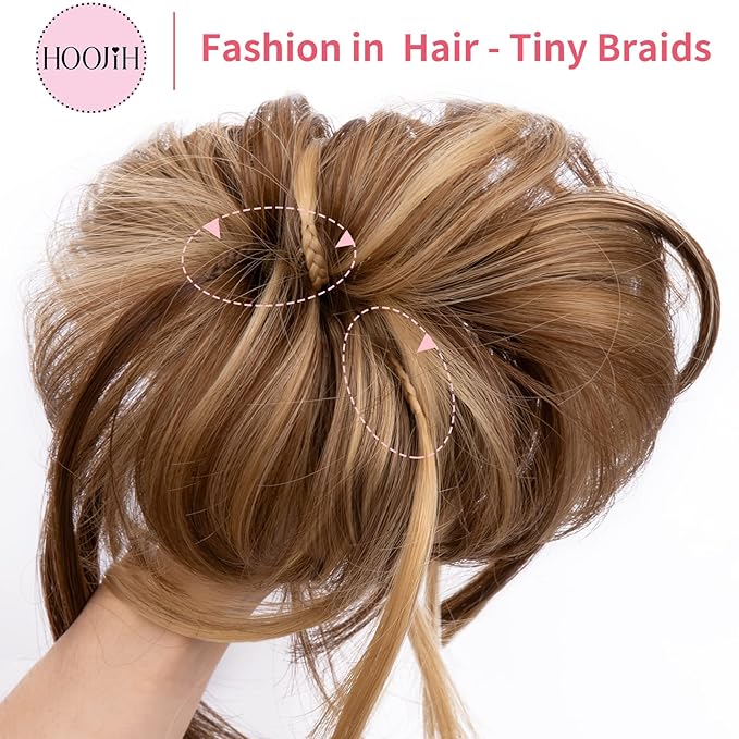 HOOJIH Messy Bun Hair Piece, Super Long Tousled Updo Hair Bun Extensions Wavy Hair Wrap Ponytail Hairpieces Scrunchies with Elastic Band for Women HB007 Grace - Light Ash Brown with Blonde