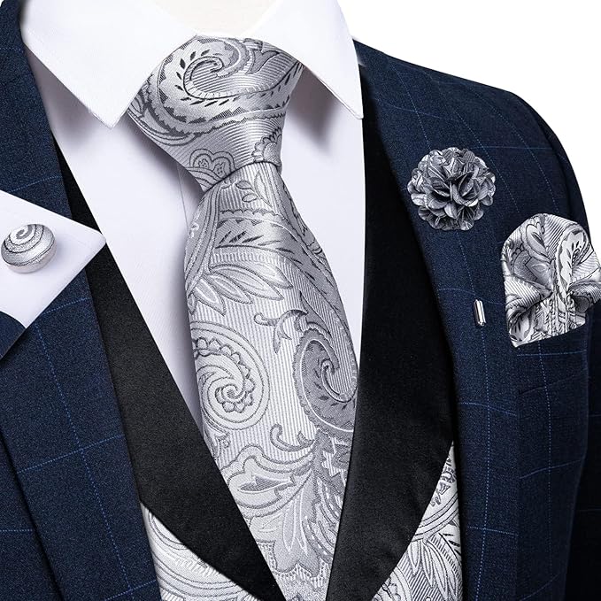 DiBanGu Mens Paisley Suit Vest Silk Jacquard Waistcoat and Necktie Set Formal Shawl Collar Dress Vest 7PCS for Wedding Party