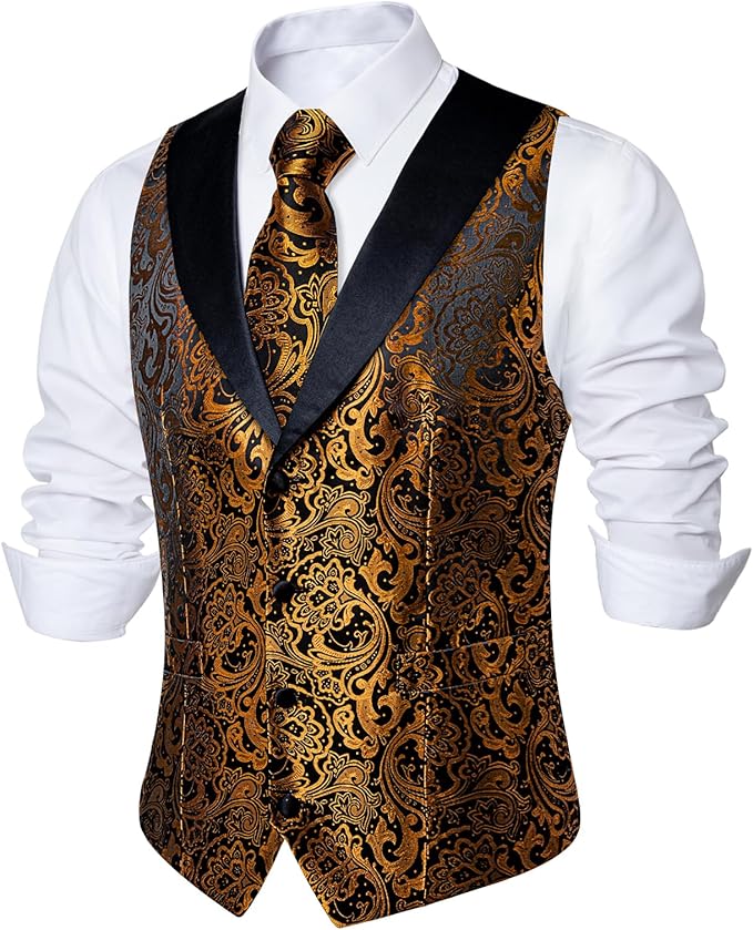 DiBanGu Mens Paisley Suit Vest Silk Jacquard Waistcoat and Necktie Set Formal Shawl Collar Dress Vest 7PCS for Wedding Party