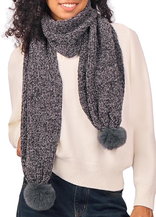Womens Chenille Scarf with Pompom Winter Knit Warm Scarves for Cold Weather with Gift Box
