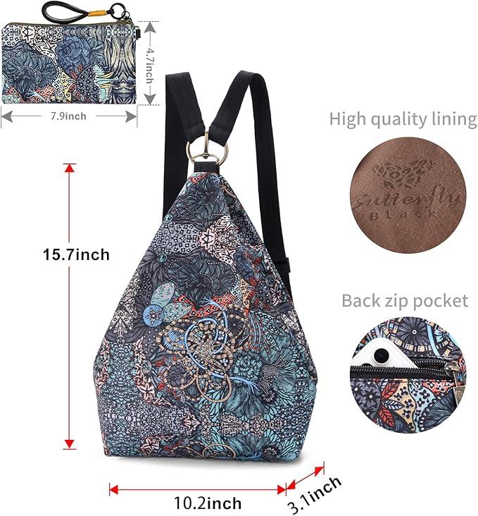 Black Butterfly Premium Backpack for Women, Bohemia Style Fashion Casual Daypack Backpack, Small Backpack Purse (69-grey plus)