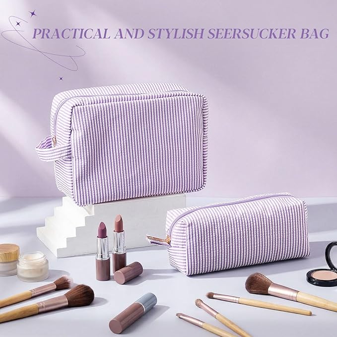 Sanwuta 2 Pcs Makeup Bag Set Seersucker Cosmetic Bag for Women Cute Stripe Travel Toiletry Organizer Aesthetic Preppy Storage Pouch for Girls Wedding Bridesmaid Valentine's Day Gifts(Purple)