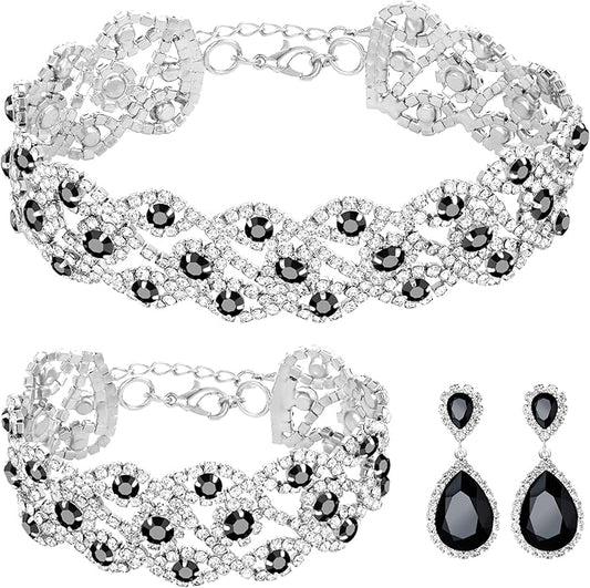 3/4 Pieces Women Jewelry Set Artificial Rhinestone Crystal Bride Statement Choker Necklace Tiara Crown Link Bangle Bracelet Teardrop Dangle Earrings Set