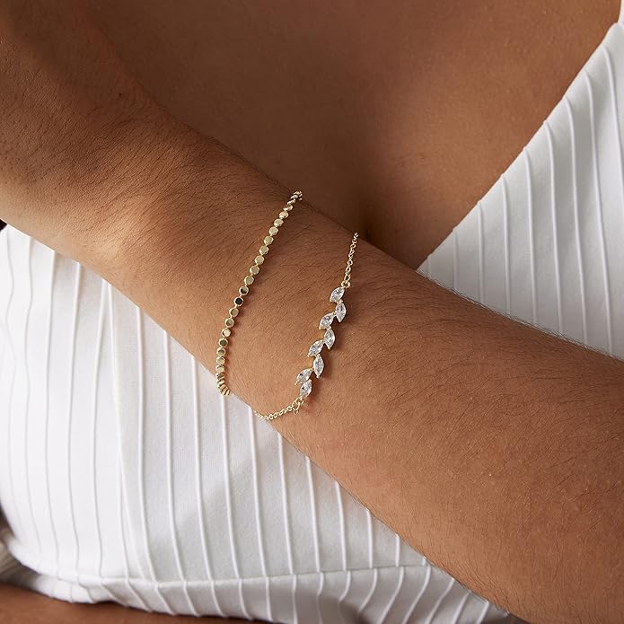 MIDEEO Bracelets for Women Dainty Layered Herringbone Twisted Rope Chain Bracelets Set Layering Dot CZ Leave Beaded Bracelets Dainty Cubic Zirconia Tennis Chain Bracelet Jewelry Gifts