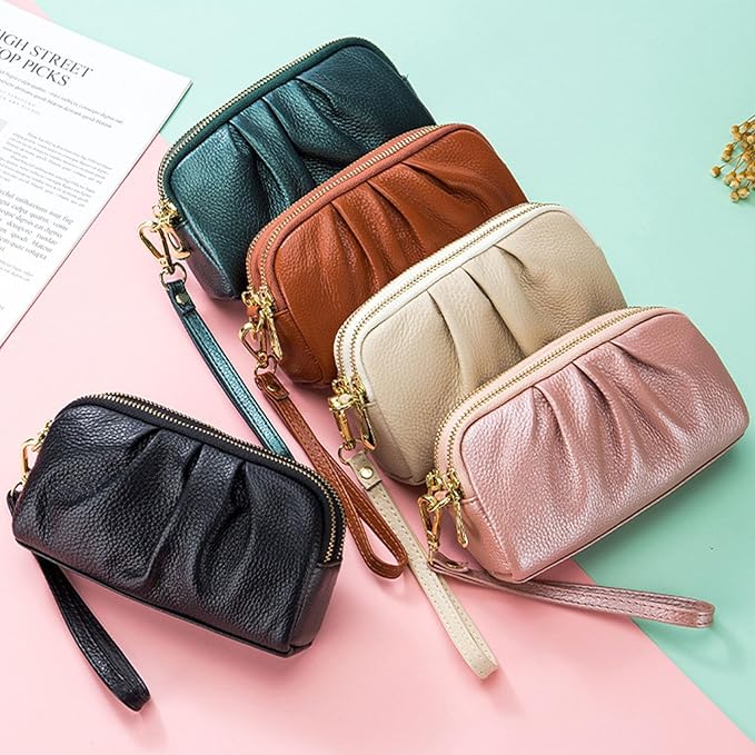 Wristlet Wallets for Women Genuine Leather Wristlet Purses Ladies Ruched Wristlet Clutch Wallet Purses