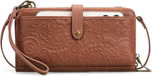 befen Leather Wristlet Wallet for Women Cell Phone Purse with Built in Wallet Vintage Leather Crossdody Bag Clutch Purse