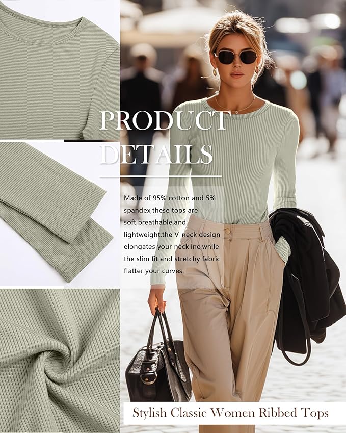 Neer 4 Pack Women's Ribbed Long Sleeve Shirts, Cotton Crew Neck Slim Fit Tops Stretch Knit Casual Base Layer Basic Tee Shirts
