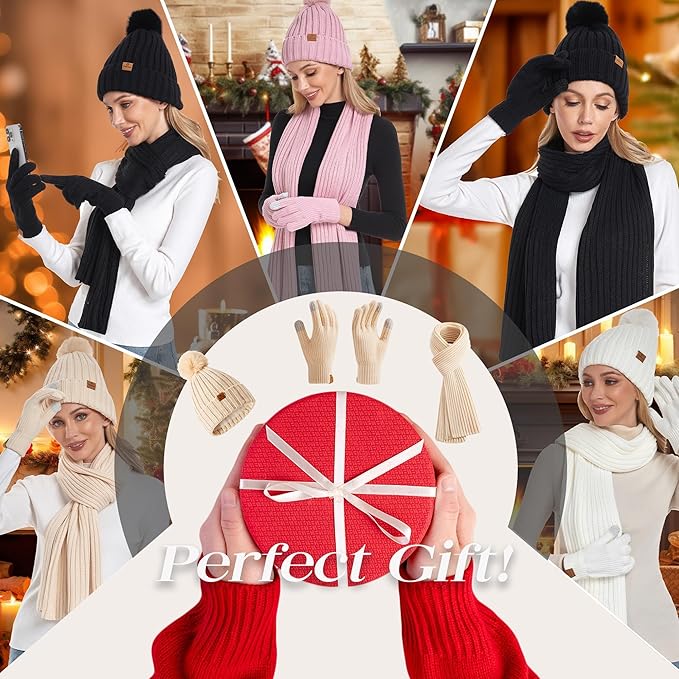 Coolprince Womens Long Scarf Gloves and Hat Set Cold Weather Hat Scarf Glove Set for Women Winter Beanie Hats with Pom Pom