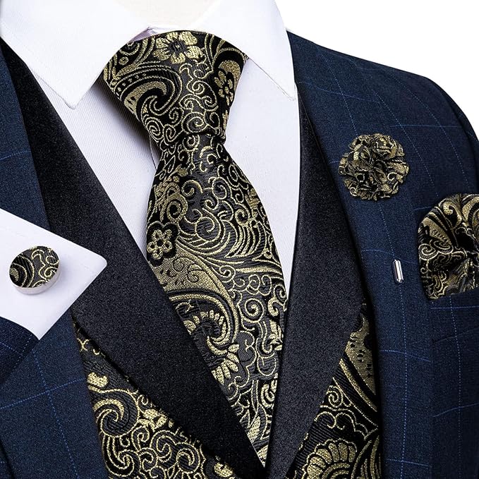 DiBanGu Mens Paisley Suit Vest Silk Jacquard Waistcoat and Necktie Set Formal Shawl Collar Dress Vest 7PCS for Wedding Party