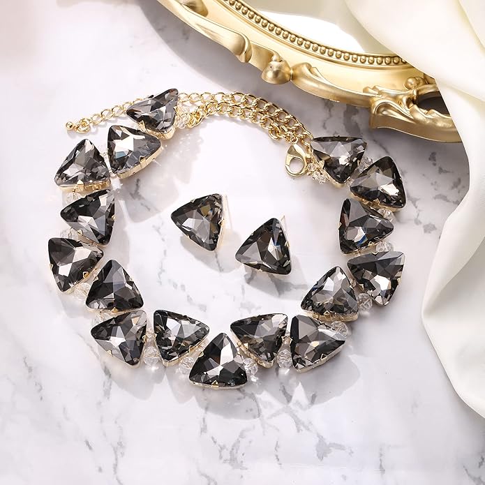 BriLove Art Deco Sparkly Triangle Statement Necklace Earrings Set for Women