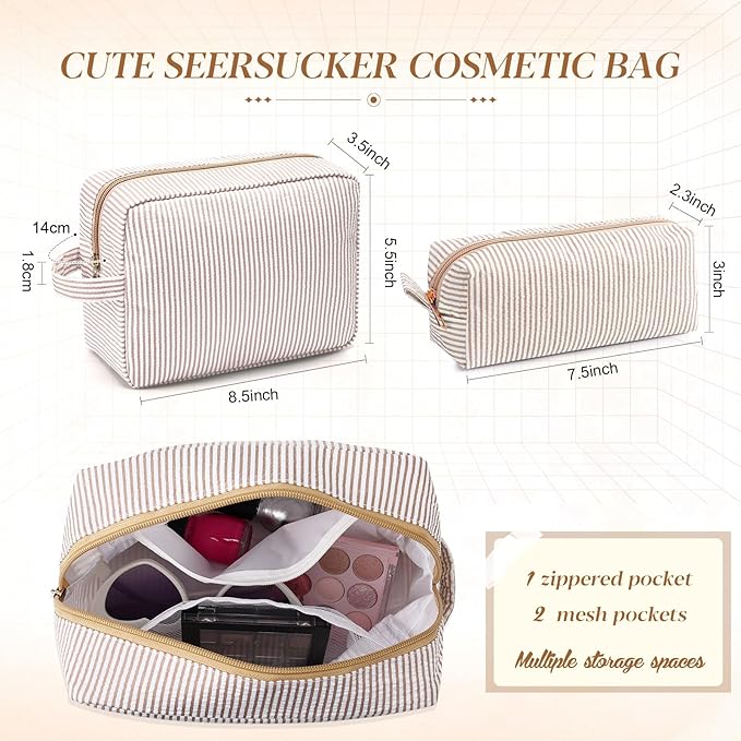 Sanwuta 2 Pcs Makeup Bag Set Seersucker Cosmetic Bag for Women Cute Stripe Travel Toiletry Organizer Aesthetic Preppy Storage Pouch for Girls Wedding Bridesmaid Valentine's Day Gifts(Brown)