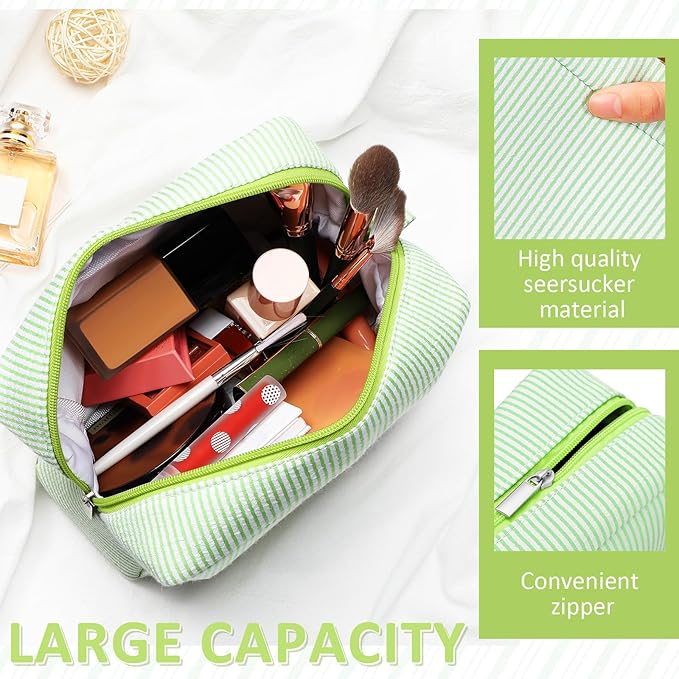 Sanwuta 3 Pcs Seersucker Cosmetic Bag Seersucker Makeup Bag Women Stripe Large Travel Toiletry Organizer Preppy Storage Pouch for Embroidery Christmas Bridesmaid Gifts(Pink, Blue, Green)