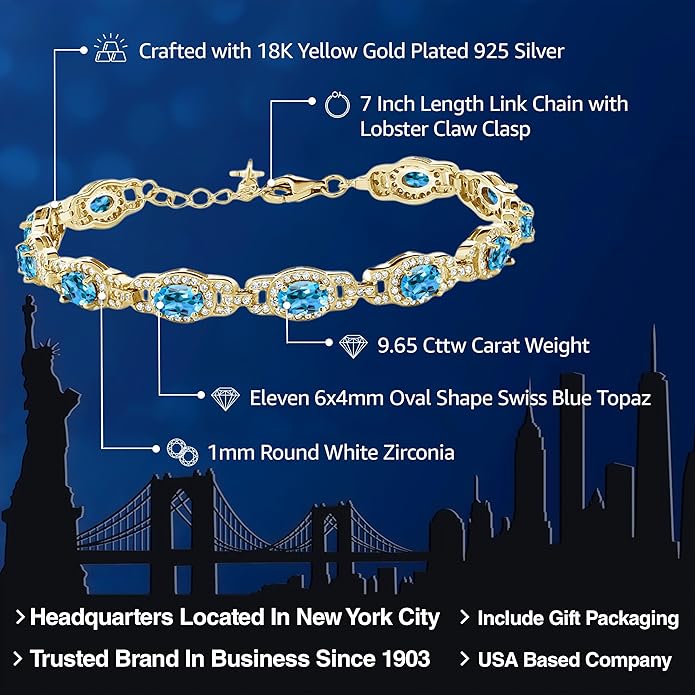 Gem Stone King 18K Yellow Gold Plated Silver Oval Gemstone Birthstone Tennis Bracelet For Women | Oval 6X4MM | 7 Inch With 1 Inch Extender | Fine Jewelry Gifts for Her Mom Women Wife