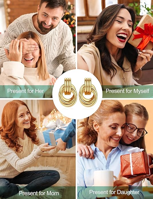 ORAZIO Chunky Gold Plated Knot Earrings for Womens Trendy 925 Silver Statement Lightweight Dangle Drop Hypoallergenic Large Geometric Stud Earring Jewelry for Women
