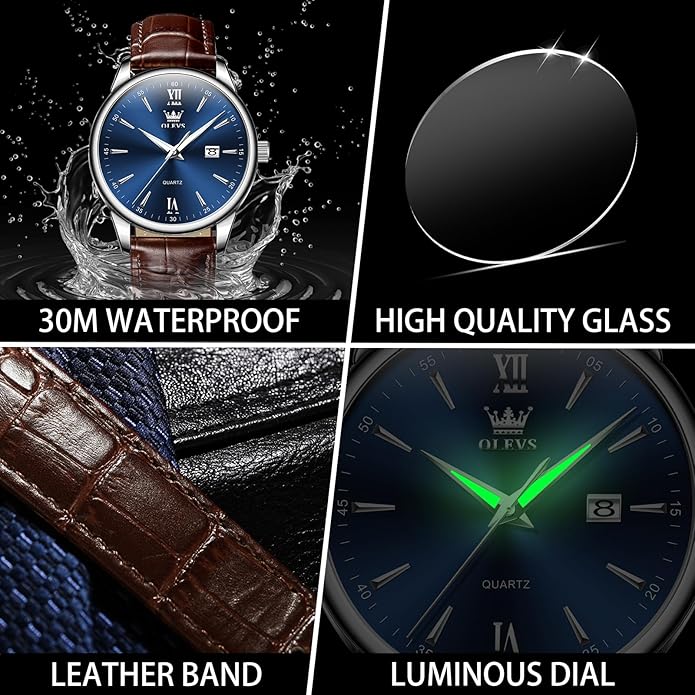 OLEVS Men Leather Watch,Mens Wrist Watches,Big Face Watches for Men,Leather Band Watches for Men,Day Date Watches for Men,Waterproof Watches for Men,Men Classic Watch,Reloj para Hombres