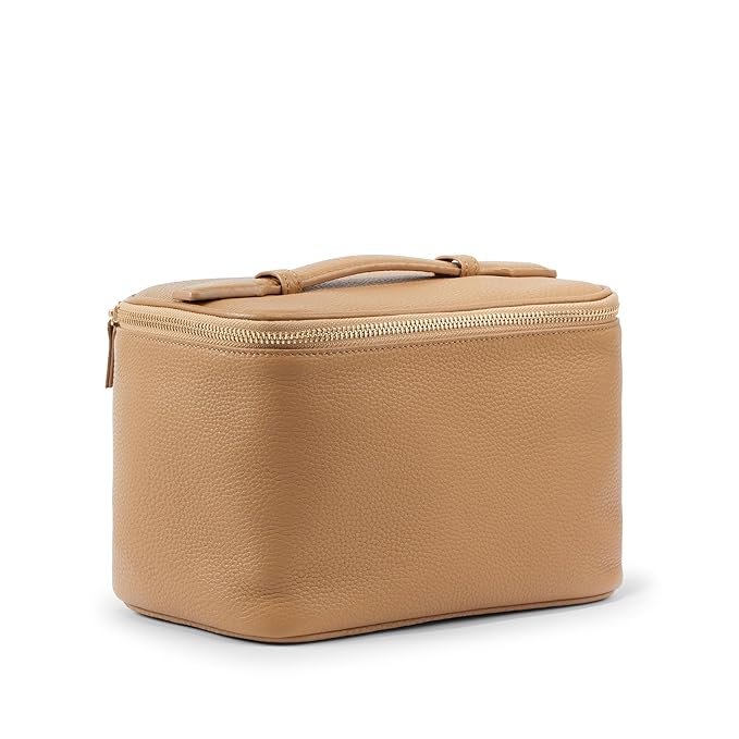 Leatherology Camel Small Train Case – Full-Grain Leather Travel Cosmetic Bag with Water-Resistant Lining, Zippered & Open Pockets, Compact Beauty Organizer