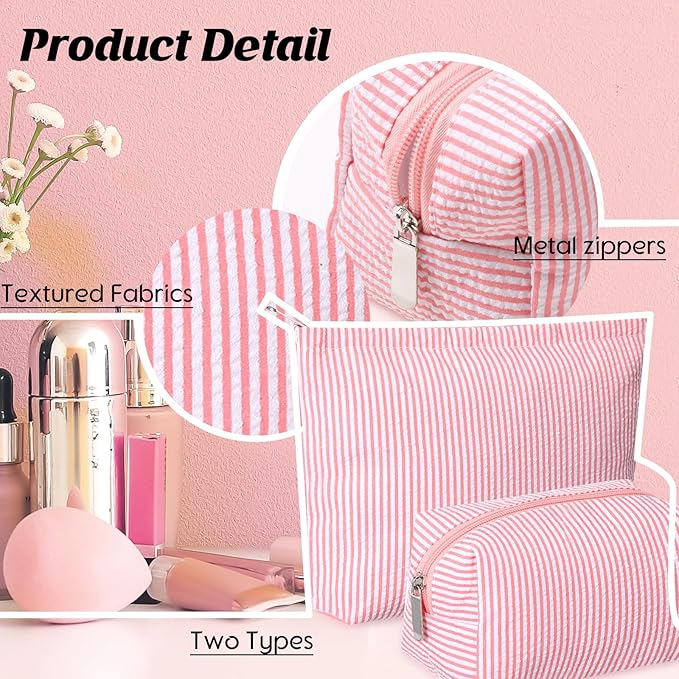 2 Pieces Makeup Bag Set Cute Cosmetic Pouch for Women Seersucker Travel Toiletry Bag Preppy Small Makeup Purse Pouch Aesthetic Skincare Brushes Storage Organizer for Christmas Women(Rose Pink)