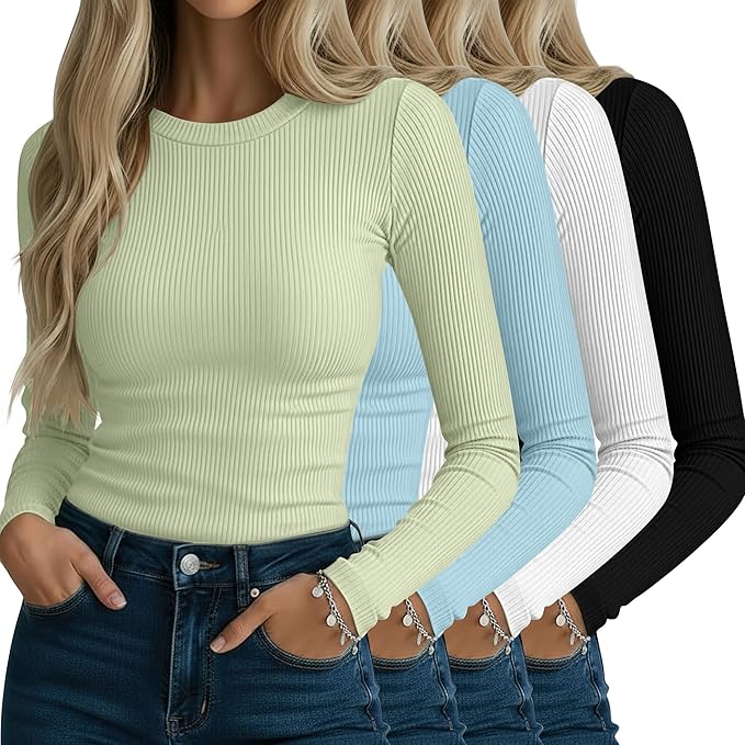 Neer 4 Pack Women's Ribbed Long Sleeve Shirts, Cotton Crew Neck Slim Fit Tops Stretch Knit Casual Base Layer Basic Tee Shirts