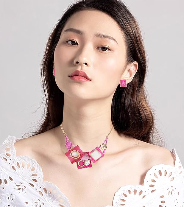 CSY Fashion Boho Oval Crystal Opals Statement Bib Necklace Earrings Bohemian Enamel Costume Jewelry Set Gifts for Women