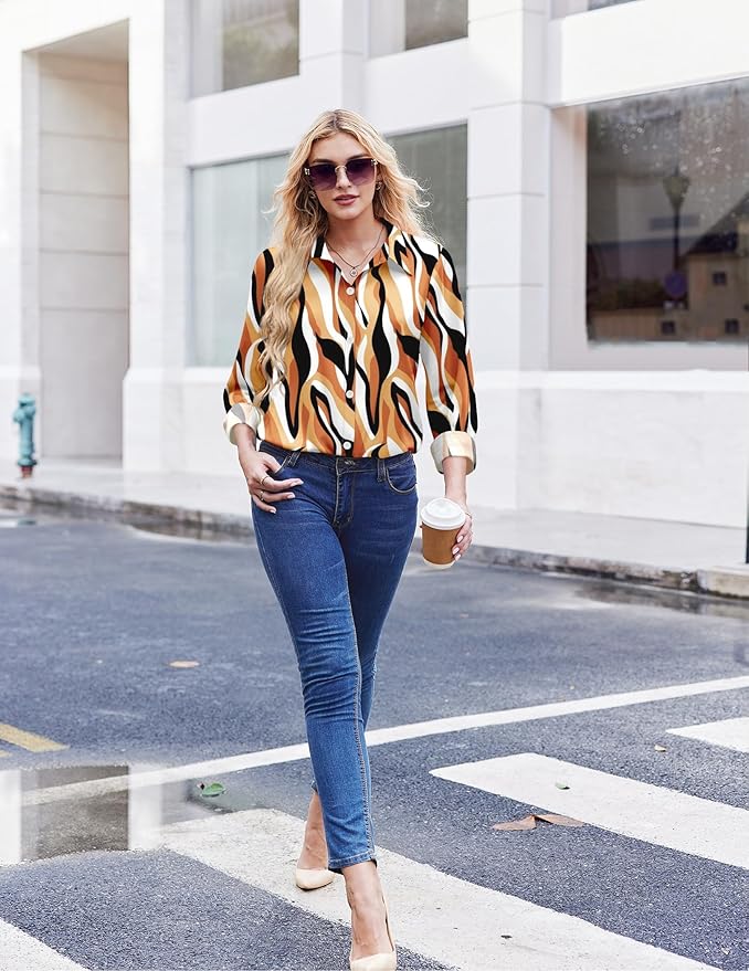 ZEAGOO Button Down Shirt for Women Long Sleeve Blouses Floral Printed Tops Business Casual Work Outfits S-XXL