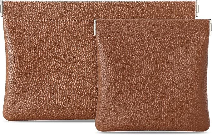Sightor Leather Pocket Cosmetic Bag for Purse, 2 Pack Small Makeup Bag for Women Coin Purse Lipstick Cosmetic Accessories Organizer Travel Cosmetic Pouch (Brown)