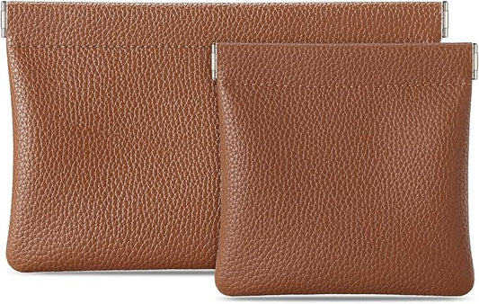 Sightor Leather Pocket Cosmetic Bag for Purse, 2 Pack Small Makeup Bag for Women Coin Purse Lipstick Cosmetic Accessories Organizer Travel Cosmetic Pouch (Brown)