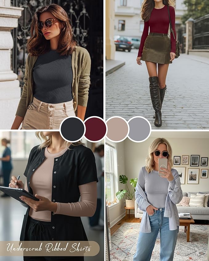 Neer 4 Pack Women's Ribbed Long Sleeve Shirts, Cotton Crew Neck Slim Fit Tops Stretch Knit Casual Base Layer Basic Tee Shirts