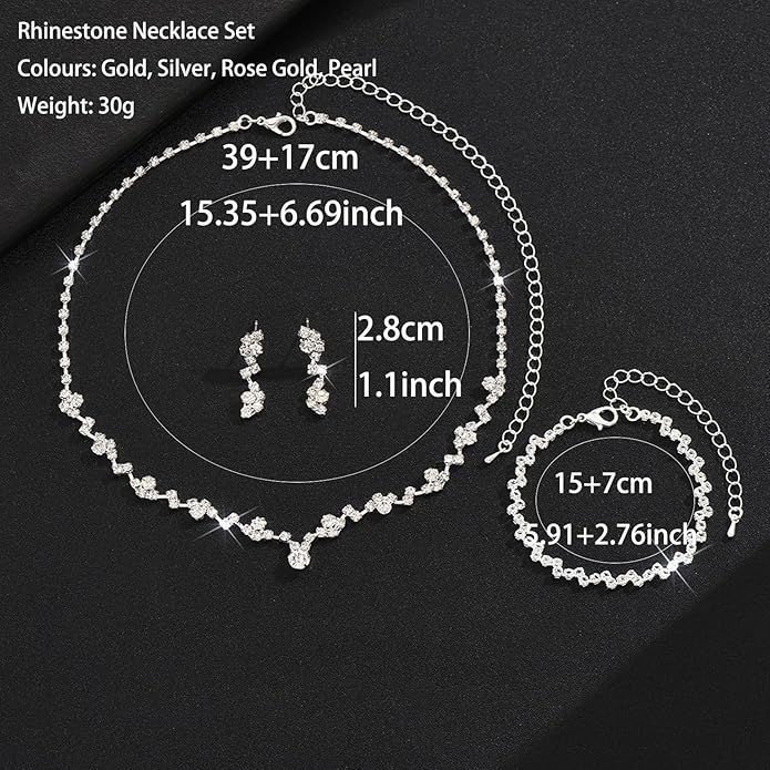 Wedding Jewelry Sets for Brides Silver Rhinestone Necklaces Earring Bracelet Set Wedding Sets for Women Prom Jewelry Sets for Women