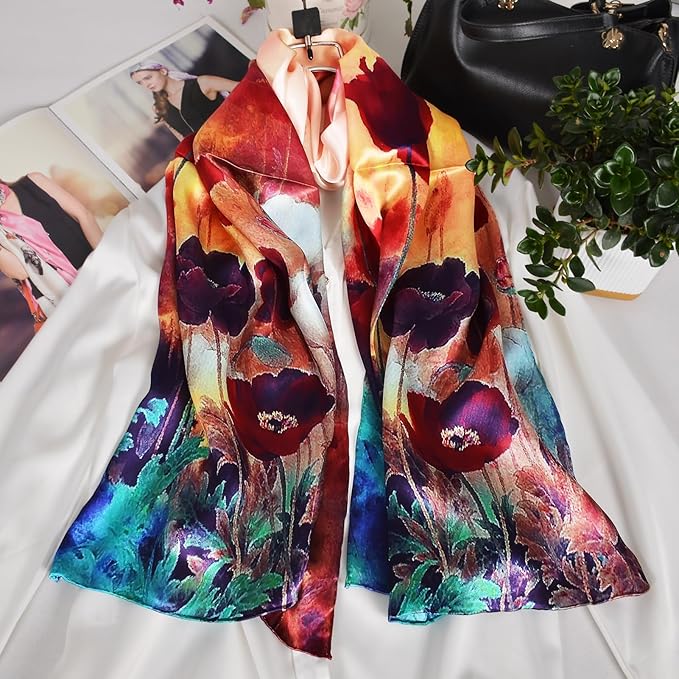 100% Mulberry Silk Scarf for Women Neck Oblong Headscarves Long Floral Print Lightweight Silk Wraps Shawls 67"*20"