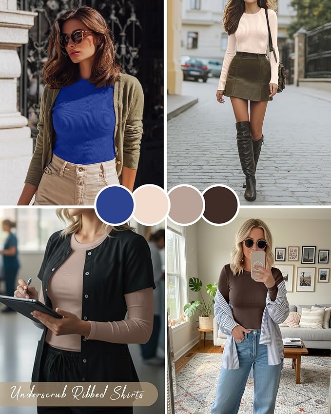 Neer 4 Pack Women's Ribbed Long Sleeve Shirts, Cotton Crew Neck Slim Fit Tops Stretch Knit Casual Base Layer Basic Tee Shirts