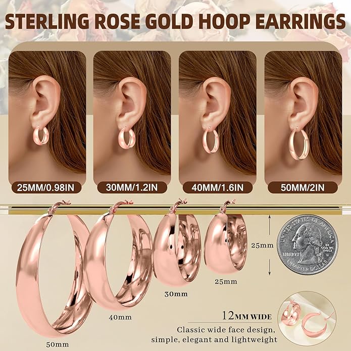 Senteria 12mm Wide Thick Hoop Earrings 925 Sterling Silver Hoop Earrings for Women Hypoallergenic 14K Real Gold Plated Hoops Large Earring Lightweight Chunky Hoops Earring for Women 25/30/40/50MM