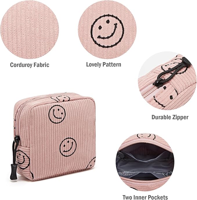 Small Makeup Bag for Purse,Mini Cosmetics Bag cute Zipper corduroy Cosmetic Pouch Storage Pouch Travel Toiletry Organizer for Women Girls(Smiley Face,Pink)