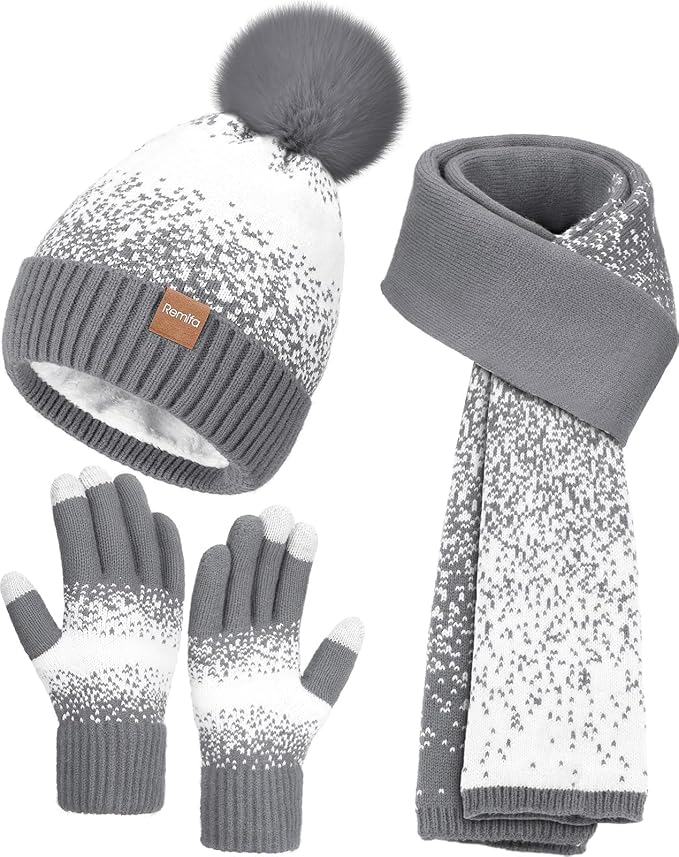 Remifa Womens Winter Beanie Hat Scarf Gloves Set, Pom Pom Warm Hat Long Knit Scarf Touchscreen Gloves 3 In 1 Christmas Gift