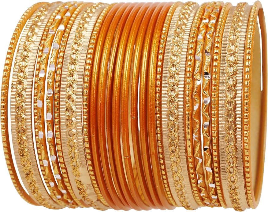 Touchstone Indian Metal Bangles for Women Gold Alloy Bracelets desi 2 Dozen Bangle Collection Bollywood Women's Jewelry Set Multi Stacking Wide Chunky Textured Golden Set of 24 in Gold or White Tone