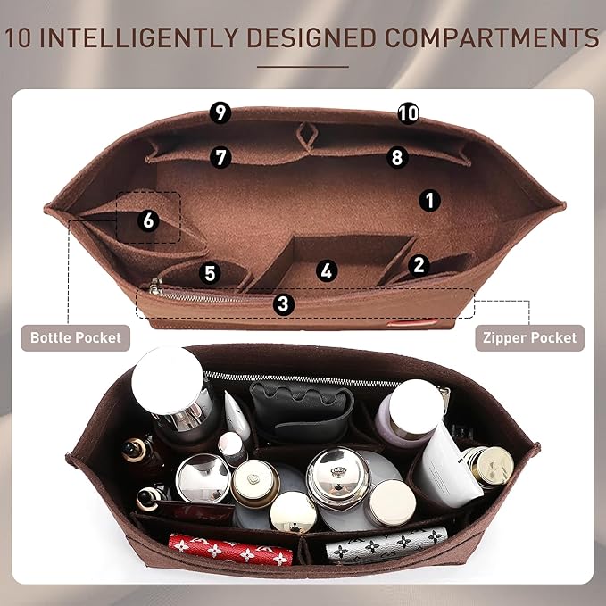 Doxo Purse Organizer Insert for Handbags Tote Felt Bag Organizers Compatible with CIity33 Neverfull MM (Large-Brown)