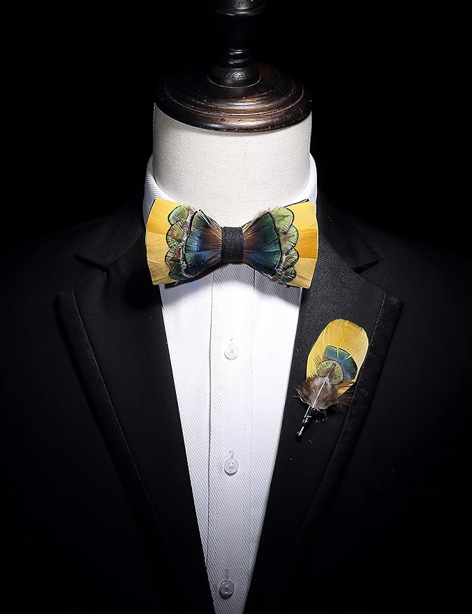 RBOCOTT Handmade Feather Pre-tied Bow tie and Brooch Sets for Men