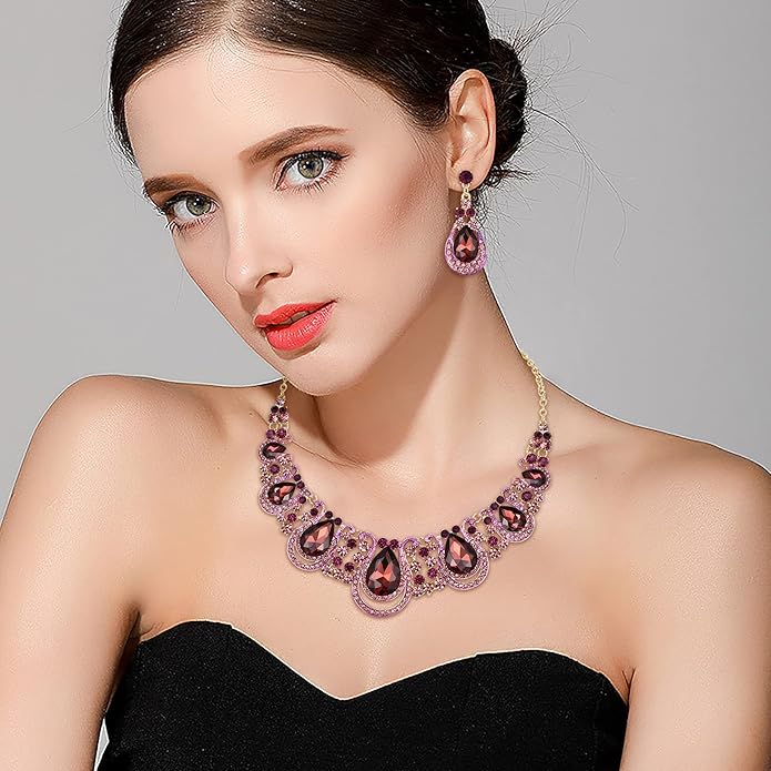 BriLove Women's Costume Fashion Crystal Teardrop Hollow Scroll Statement Necklace Dangle Earrings Set