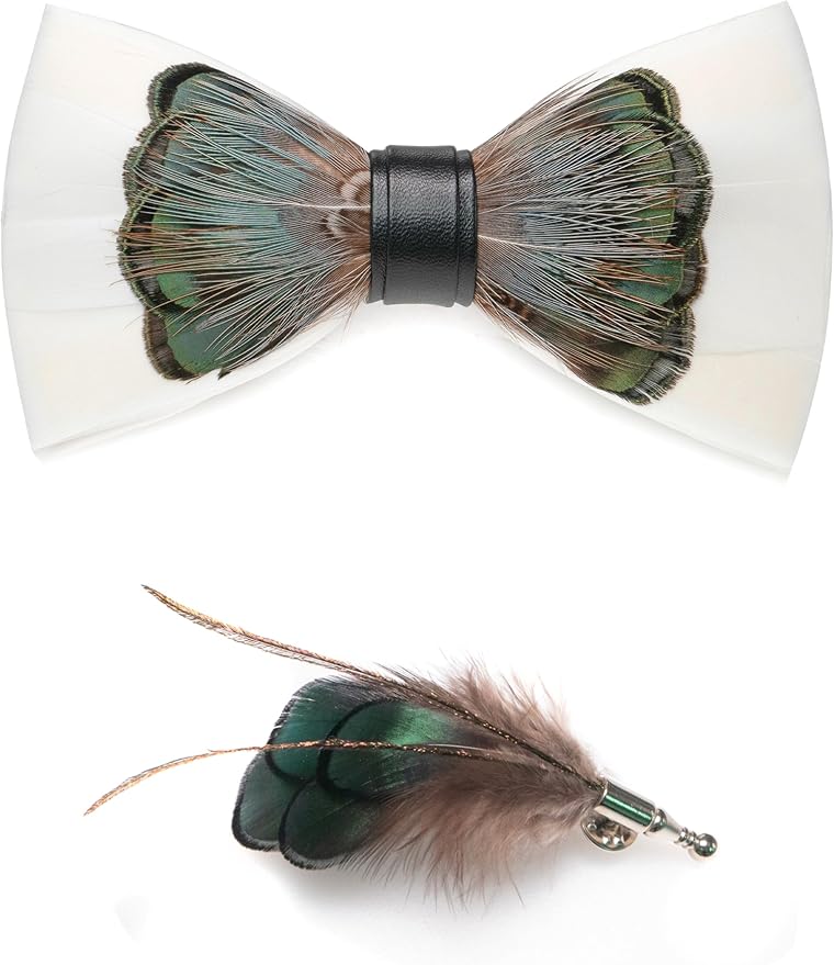 RBOCOTT Handmade Feather Pre-tied Bow tie and Brooch Sets for Men
