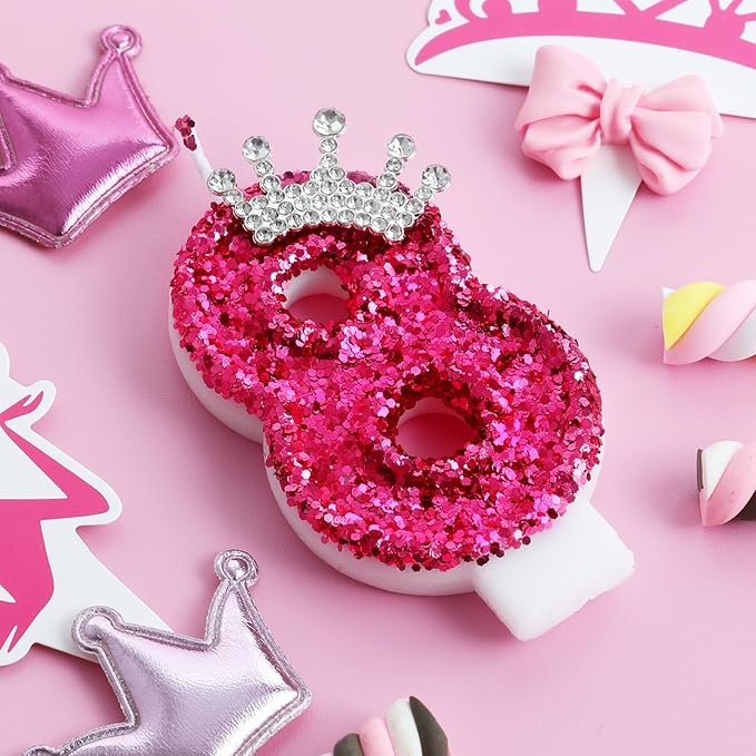 Hot Pink Birthday Candles Crown Number 8 Candle Birthday Party Decorations Cake Topper Cupcake Decor for Anniversary Celebrations Supplies