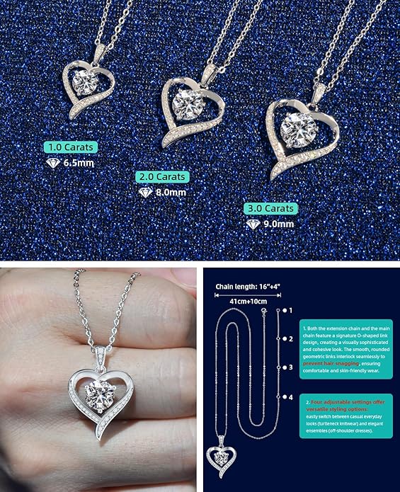 Heart Pendent Necklaces for Women, 1-3ct Moissanite Necklace with I love U Engraving - Anniversary Birthday Gifts for Women Her Wife Girlfriend Mom, 925 Silver Jewelry