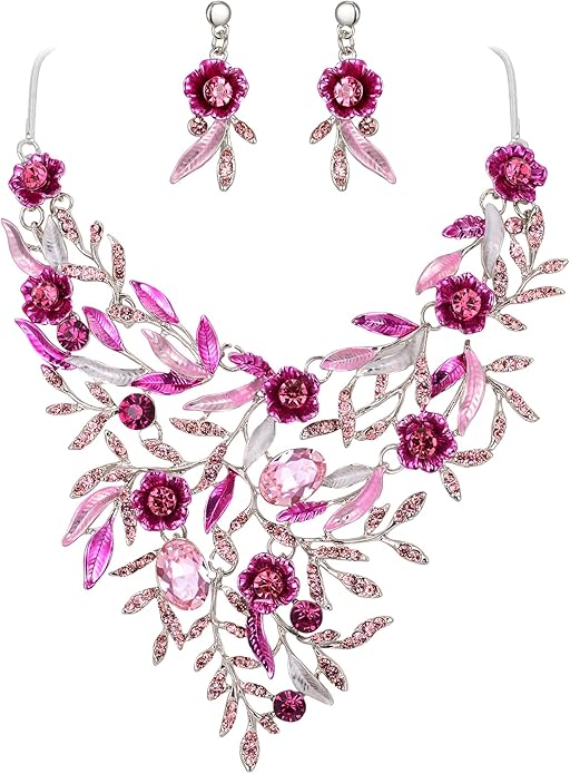 BriLove Wedding Bridal Leaf Cluster Jewelry Set for Women Crystal Flower Enamel Statement Necklace Dangle Earrings