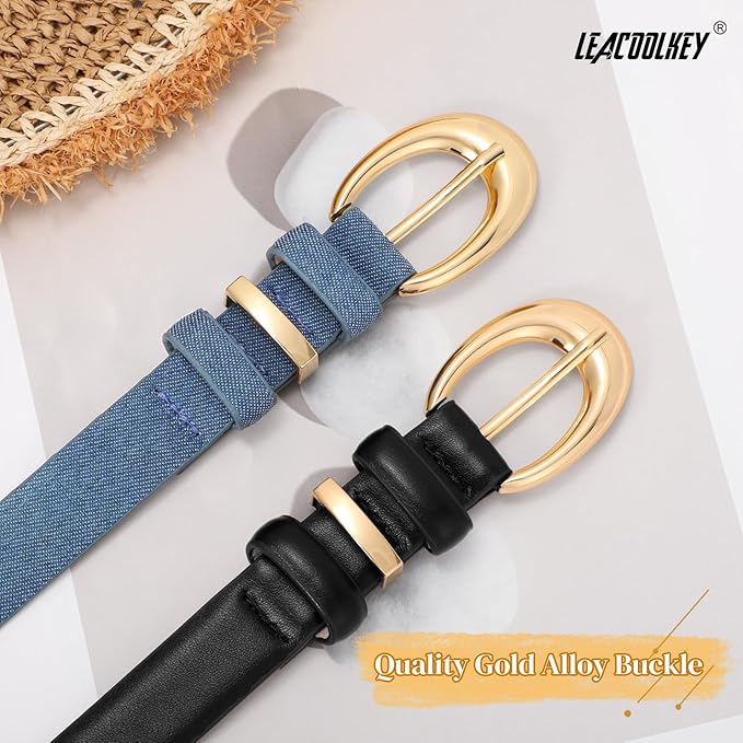 2 Pack Women Leather Belts for Jeans Dress Fashion Ladies Belt with Gold Silver Buckle