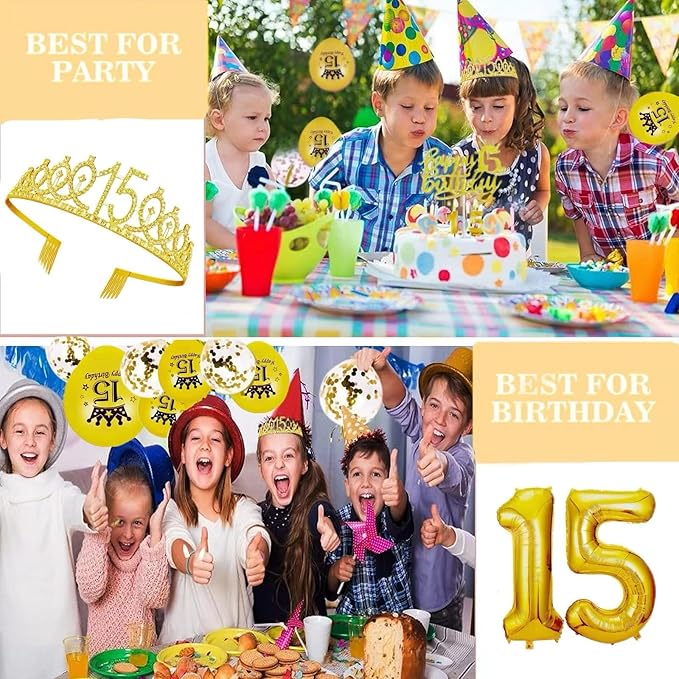 15th Birthday Decorations for Her Girls Set, Include 15th Birthday Crown and 15 Sash, 15th Birthday Cake Topper and 15 Birthday Candles, Gold 15 Balloons, Women 15th Party Supplies(Gold)