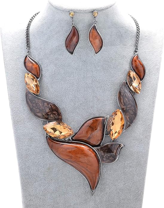 Retro Women's Crystal Floral Petal Leaf Chunky Statement Necklace and Earrings Set Party Jewelry