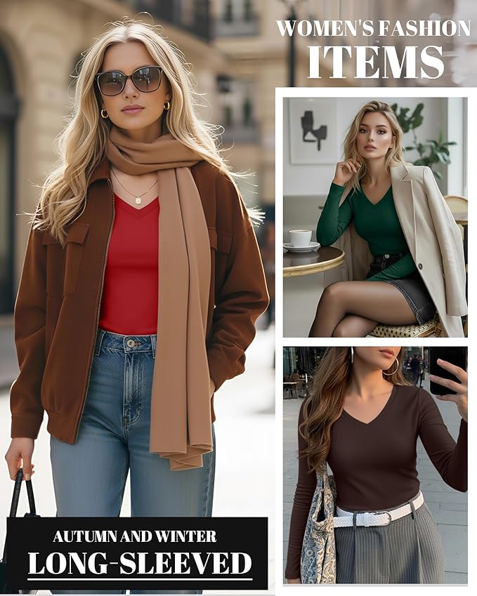 Ficerd 3 Pack Women's Long Sleeve Shirts, V Neck Basic Tees Slim Fitted Casual Fall Tops Going Out Blouses T Shirts