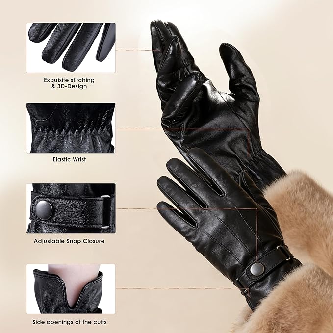 Aegend Winter Gloves Women Leather Gloves, Full Hand Touchscreen Winter Gloves Adjustable Wrist Strap for Driving&Outdoor
